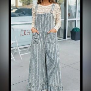 POL Striped Wide-Leg Jumpsuit in Light Gray and White